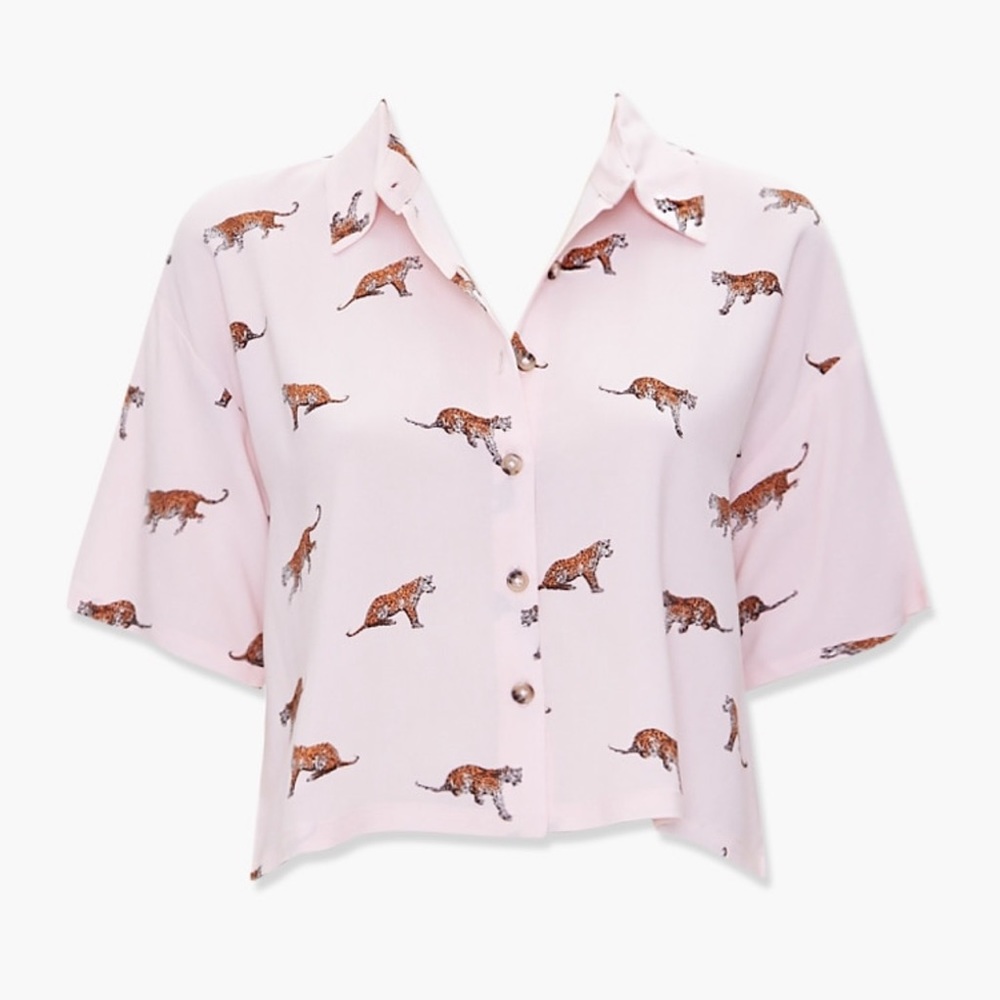 Cheetah Print Pink Button Up Crop Top Small